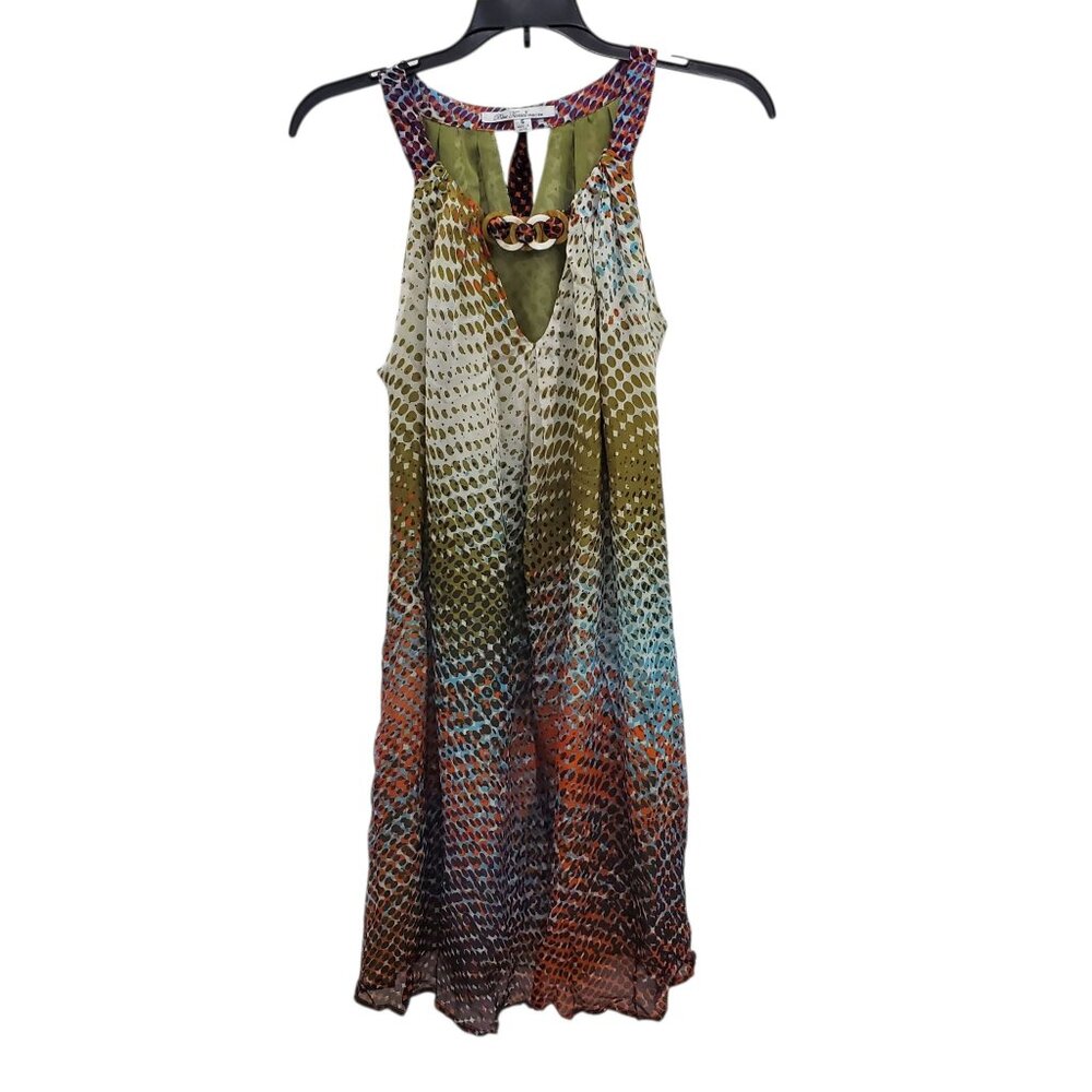 Blue Tassel Collection Vintage Abstract Art Print Sleeveless Silk‎ Mini Dress S